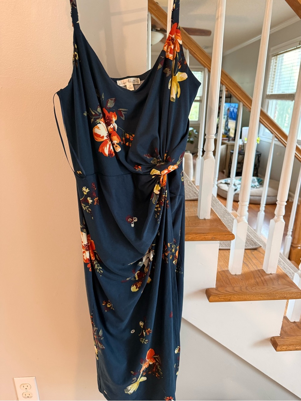 nine britton Navy Floral Draped Midi Dress with Knot Detail